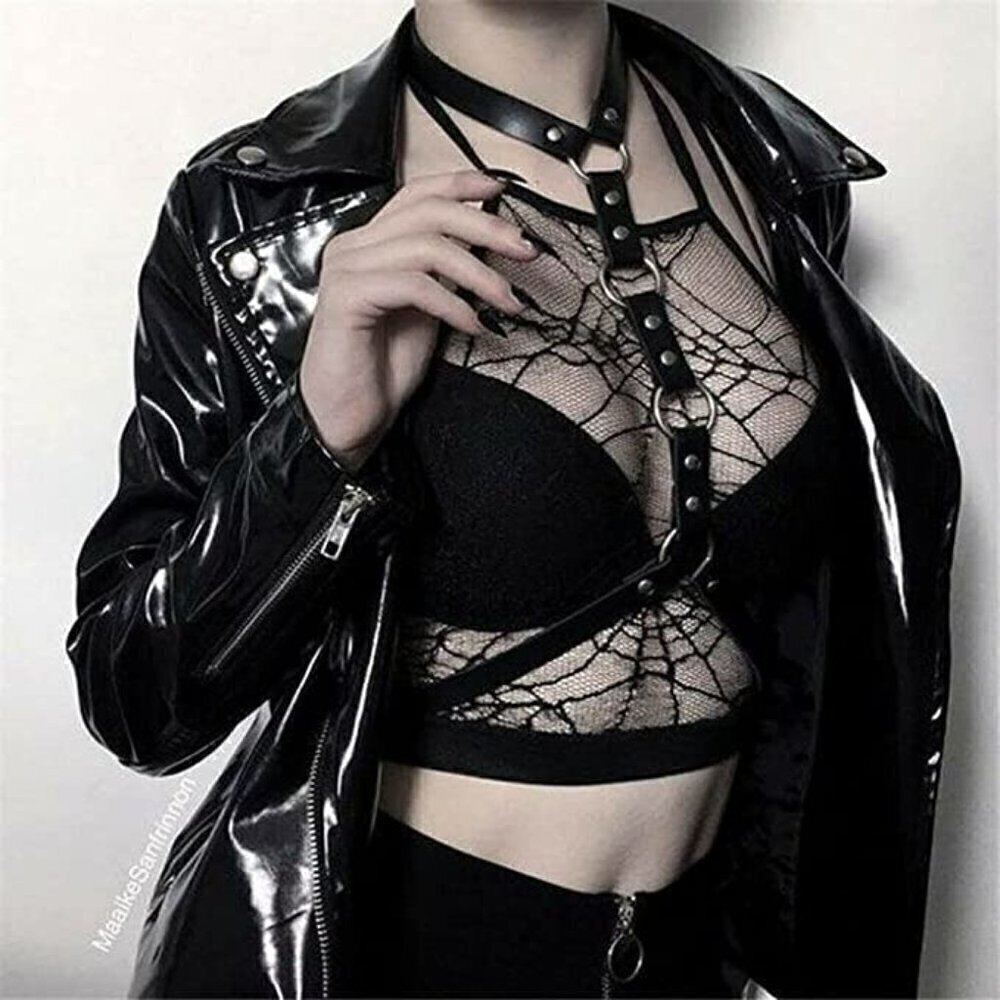 BLACK Leather Waist Shoulder Harness Bra Belt Choker Slave Fetish Bondage NWT